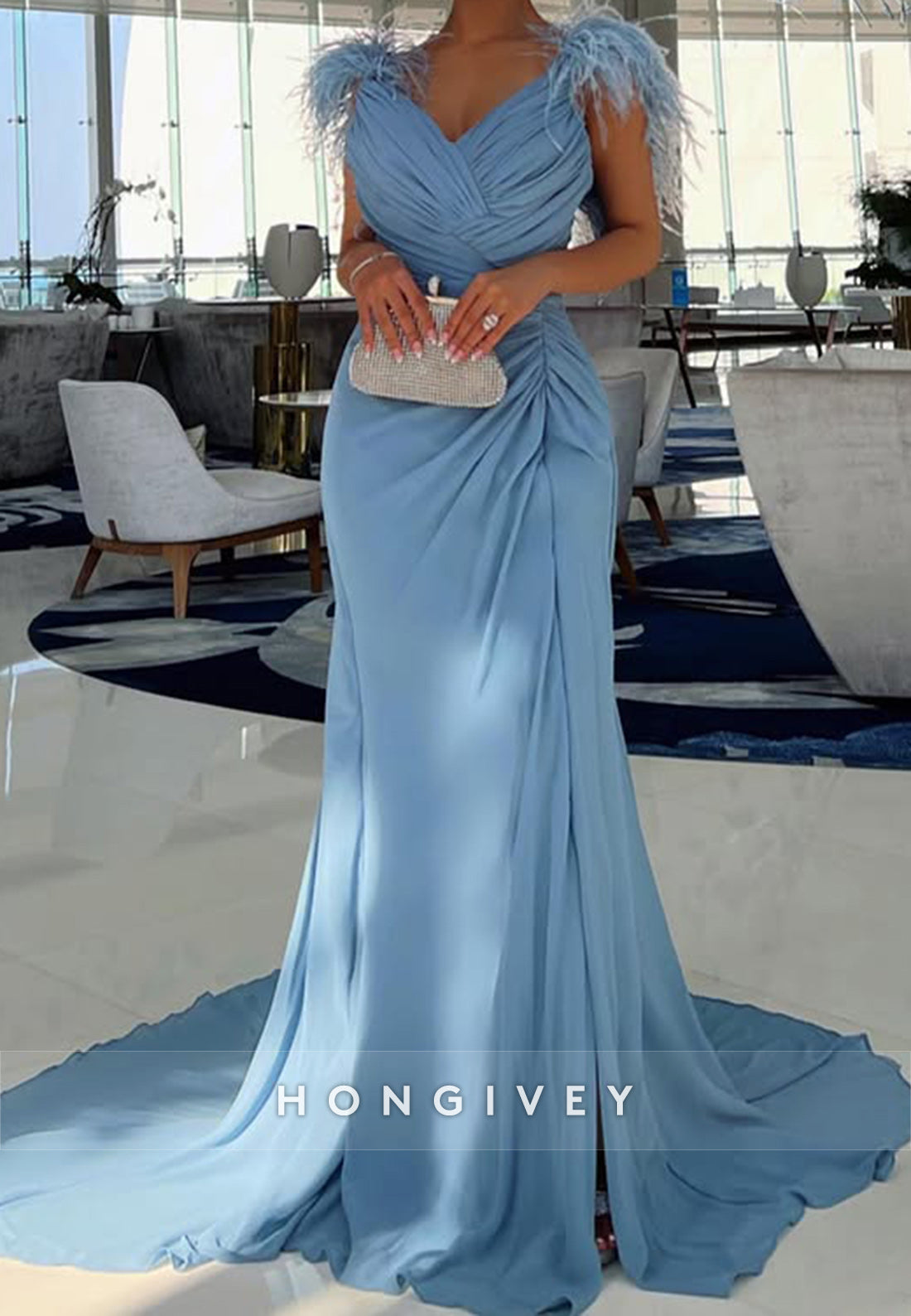 Sky Blue Sheath Court Train V Neck Cap Sleeves Pleated Feather Evening Gown