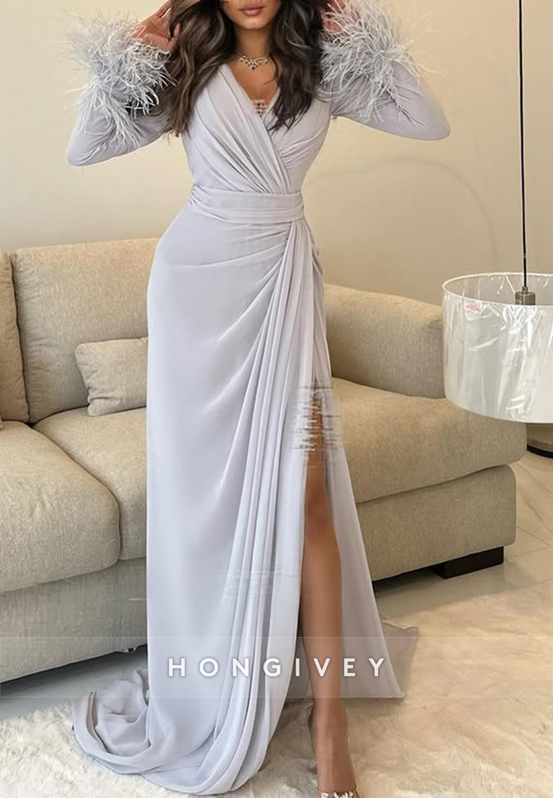 Column Court Train V Neck Long Sleeve Feather Slit Pleated Evening Gown