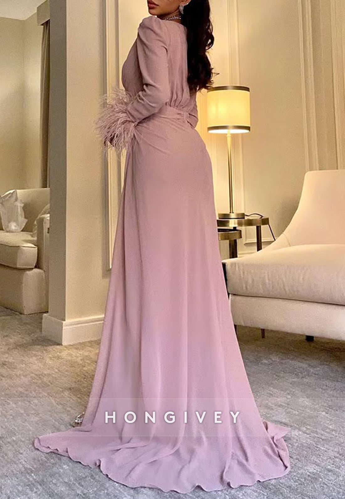 Column Court Train V Neck Long Sleeve Feather Slit Pleated Evening Gown