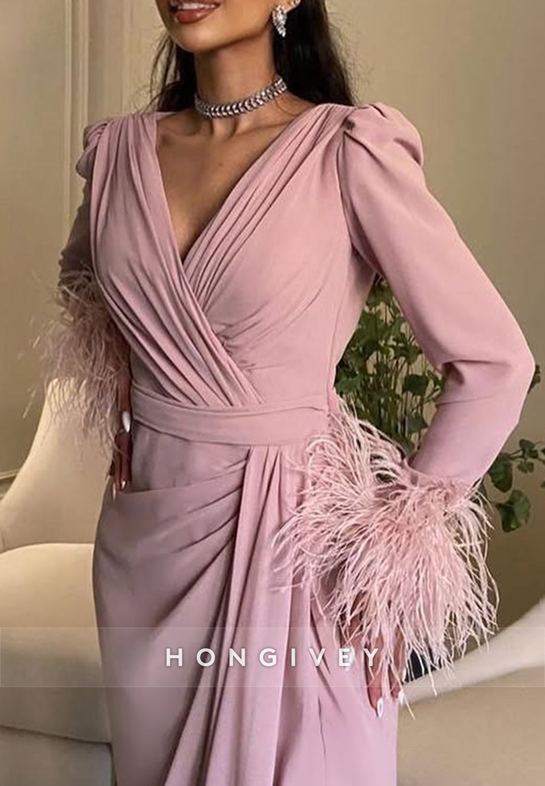 Column Court Train V Neck Long Sleeve Feather Slit Pleated Evening Gown