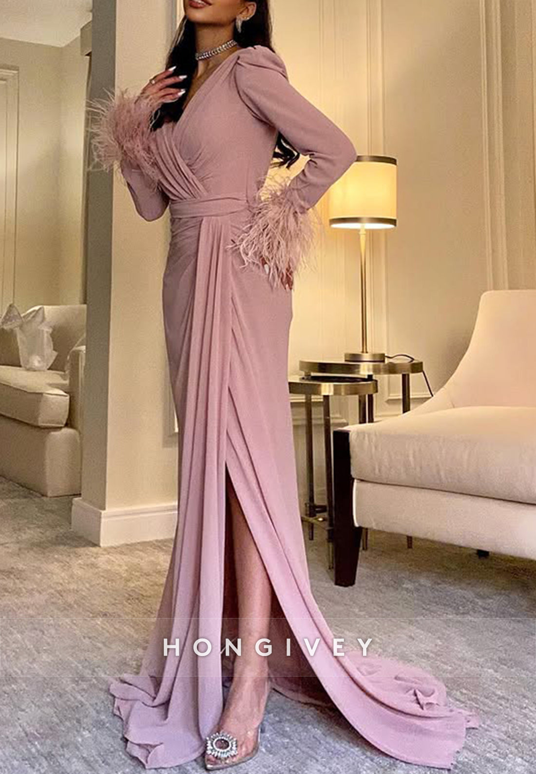 Column Court Train V Neck Long Sleeve Feather Slit Pleated Evening Gown