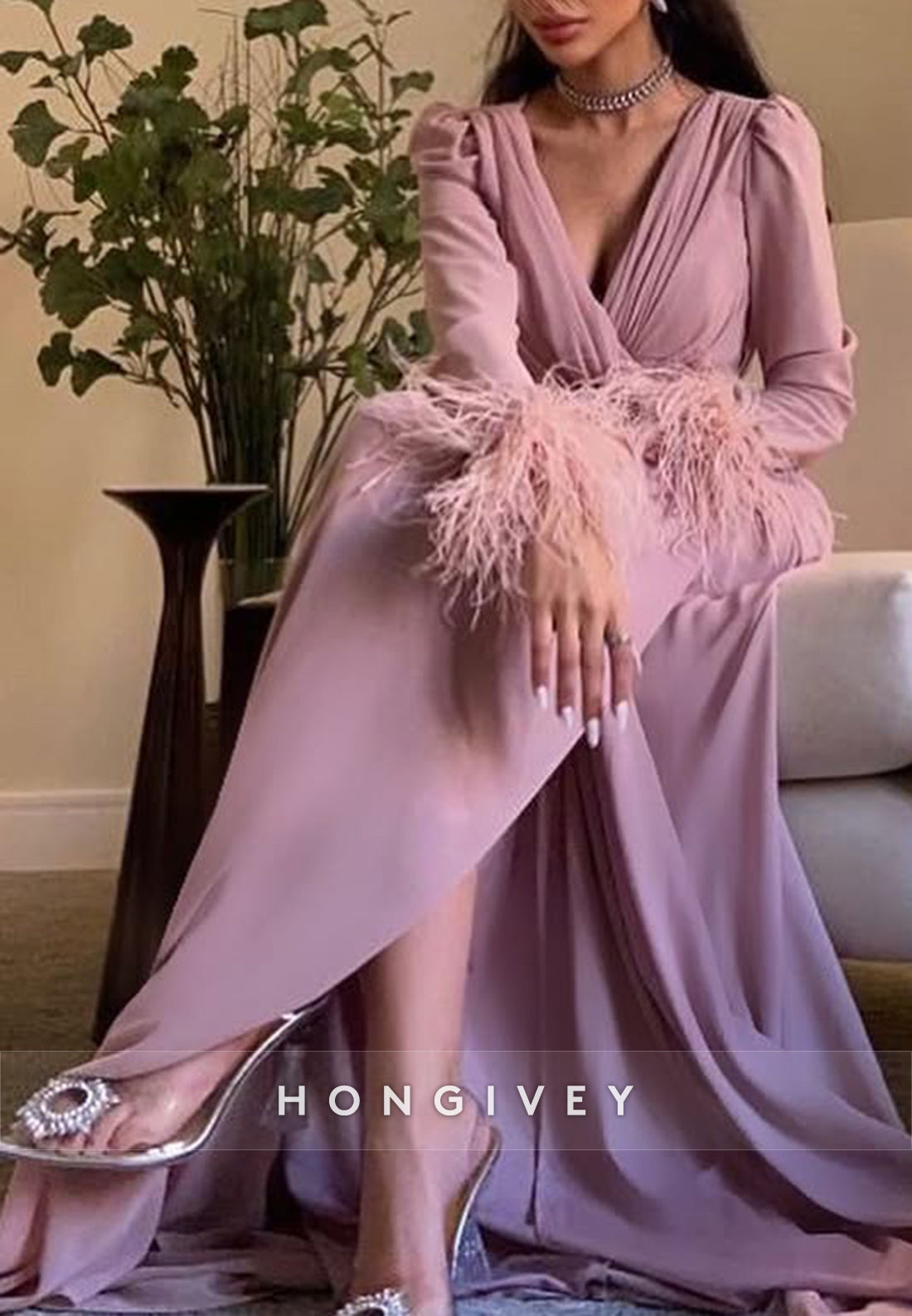 Column Court Train V Neck Long Sleeve Feather Slit Pleated Evening Gown
