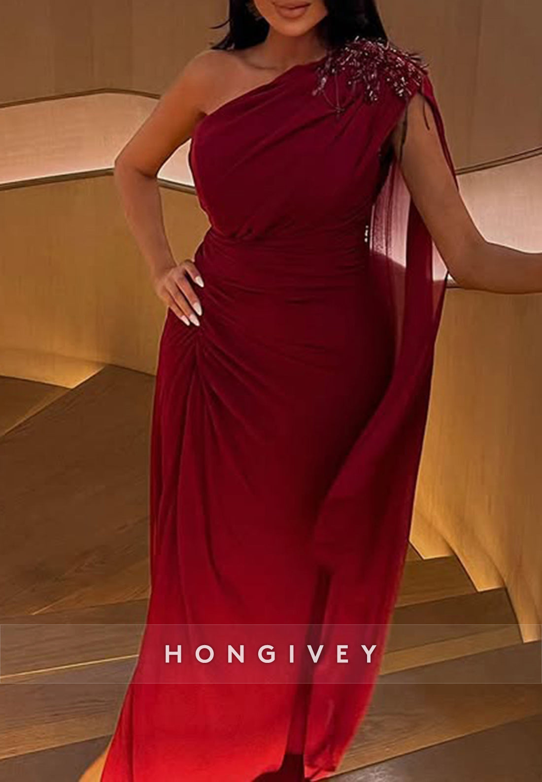 Side Draping Sheath Watteau Train One Shoulder Pleated Split Evening Gown