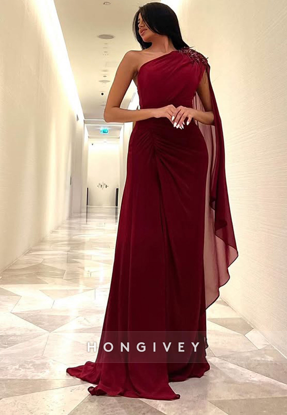 Side Draping Sheath Watteau Train One Shoulder Pleated Split Evening Gown
