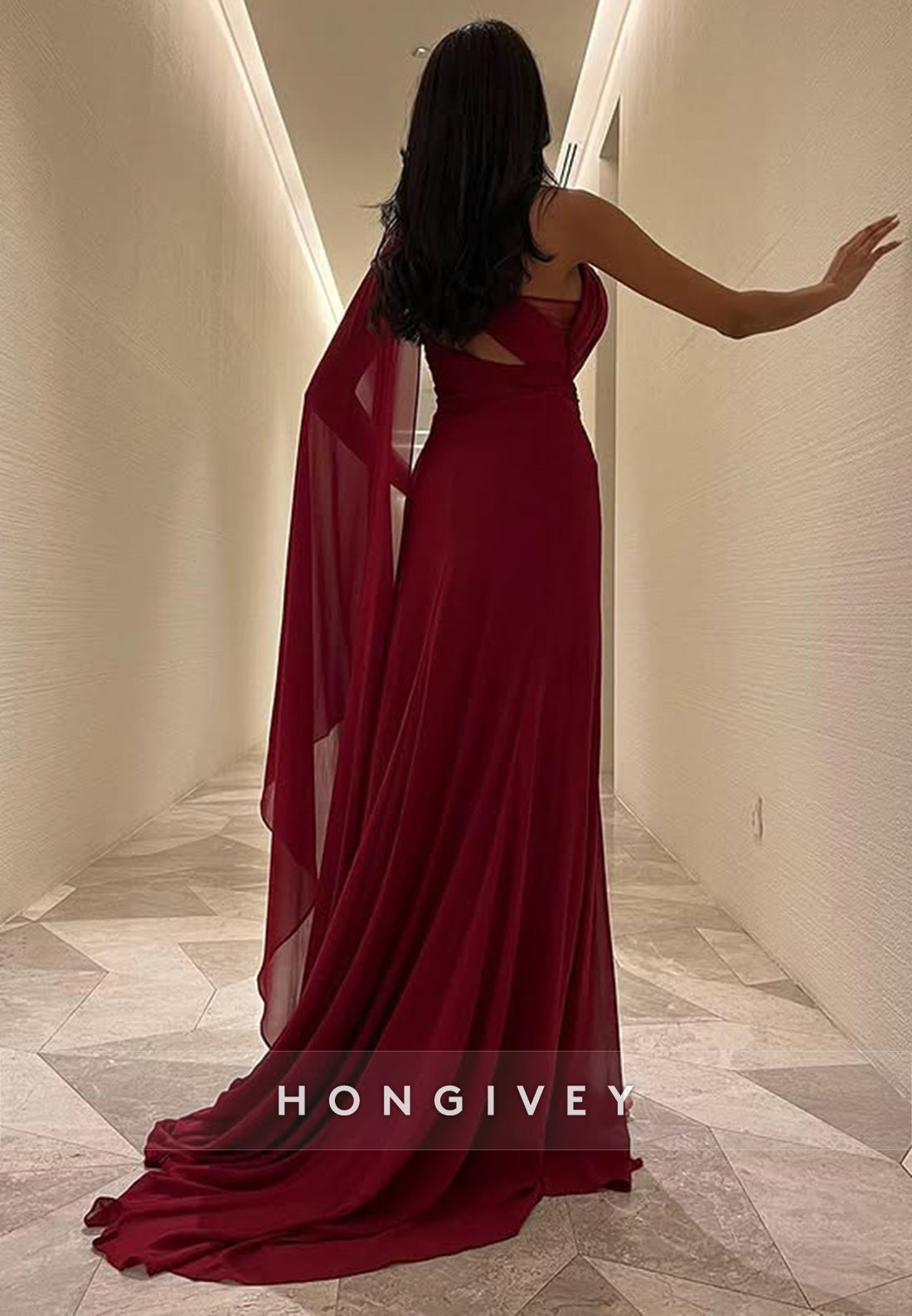 Side Draping Sheath Watteau Train One Shoulder Pleated Split Evening Gown