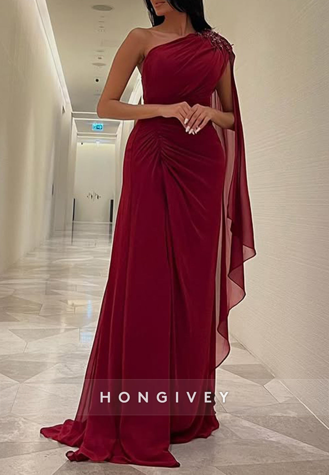 Side Draping Sheath Watteau Train One Shoulder Pleated Split Evening Gown