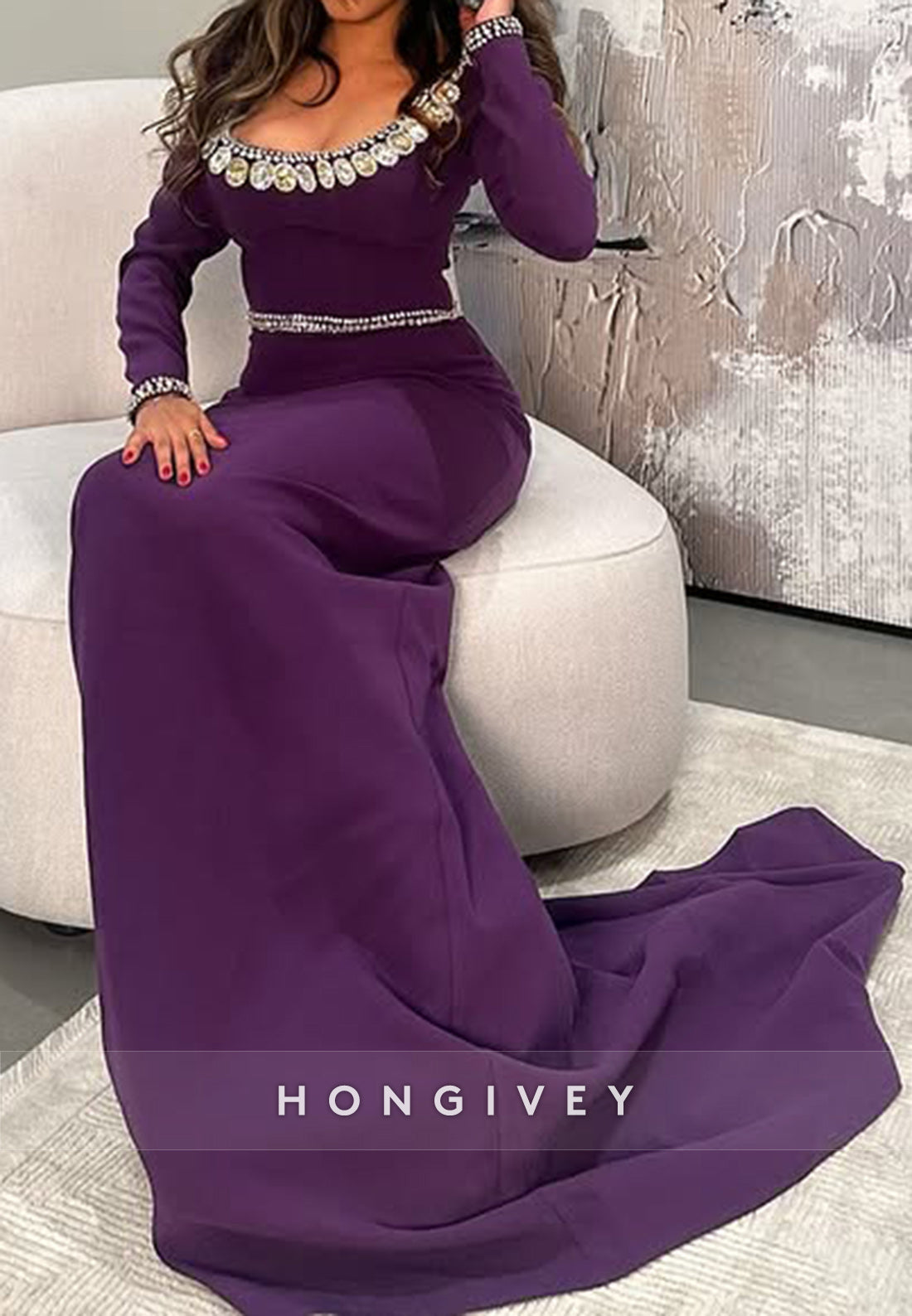 Elegant Rhinestone Evening Gown Court Train Column Scoop Long Sleeve Formal Dresses