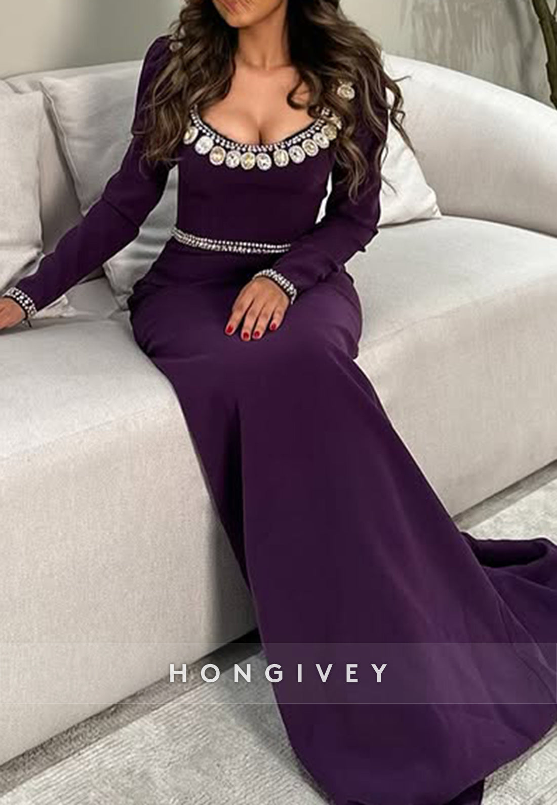 Elegant Rhinestone Evening Gown Court Train Column Scoop Long Sleeve Formal Dresses