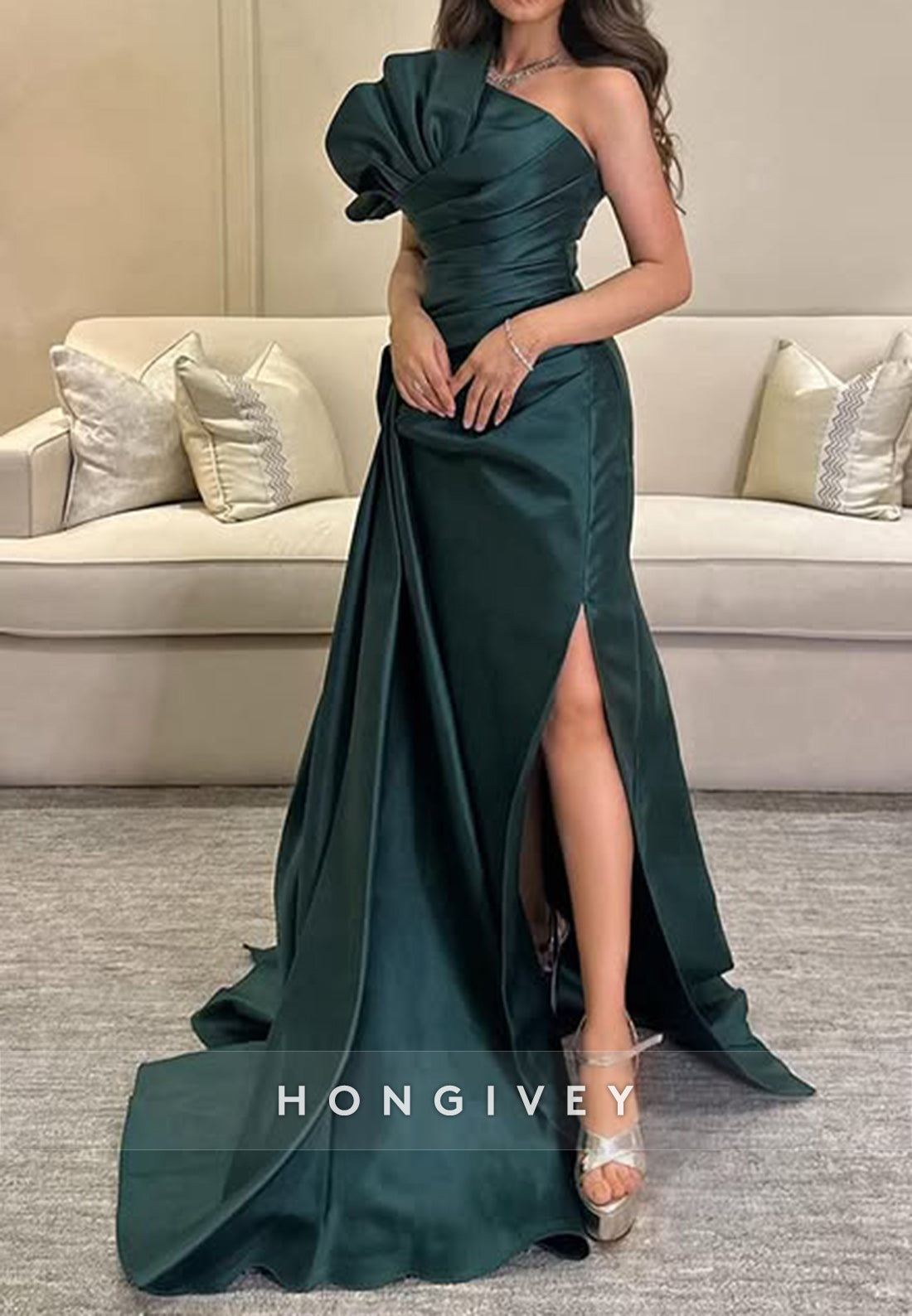 Split Ruffles Court Train Formal Dresses Satin Off the Shoulder Evening Gown