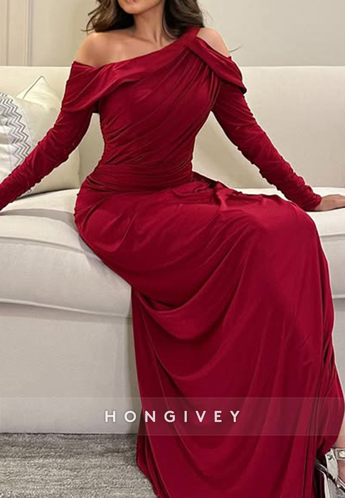 Red Sheath Court Train Asymmetrical Neck Satin Long Sleeve Side Slit Pleated Evening Gown