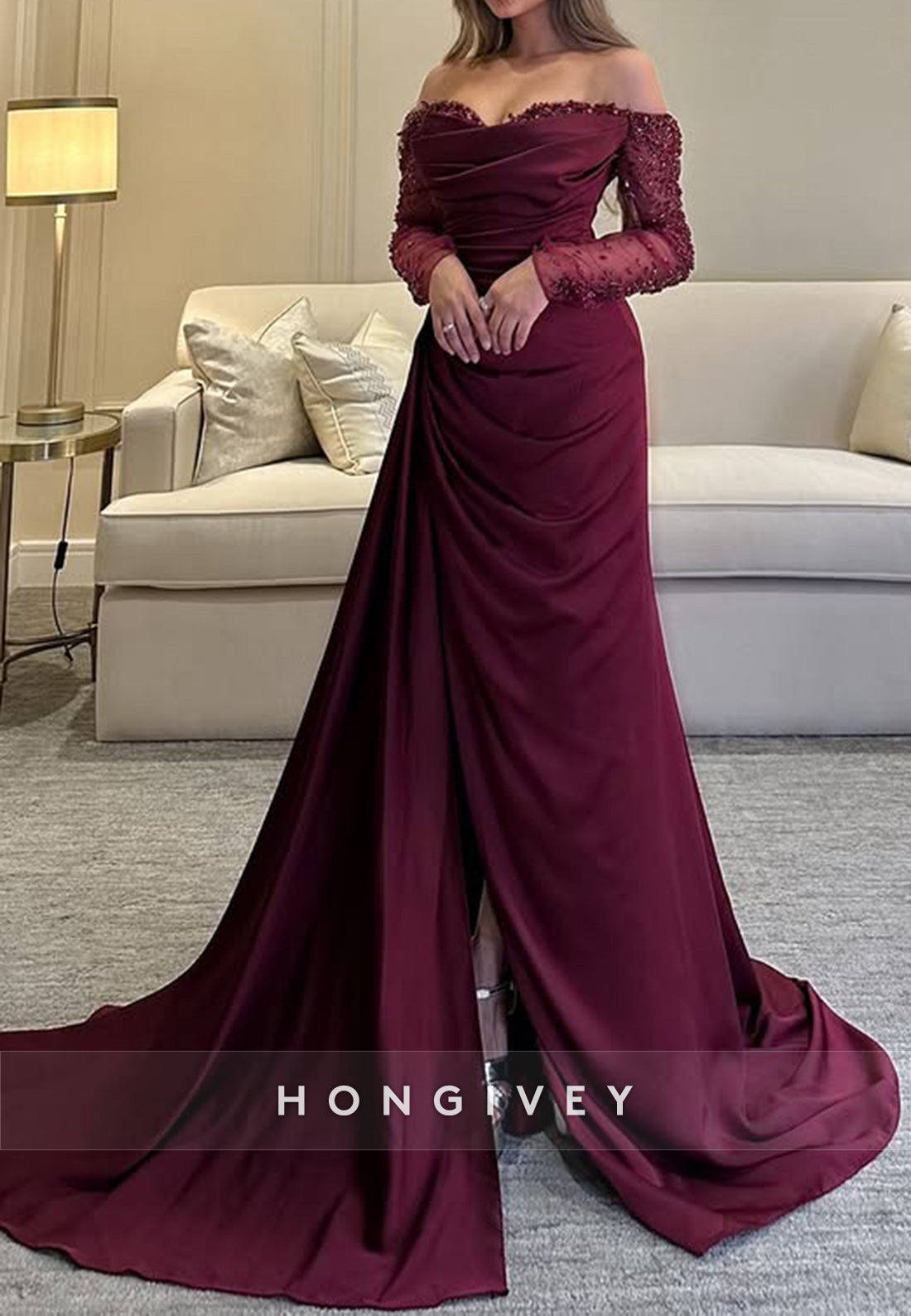 Long Sleeve Off the Shoulder Sweetheart Chapel Train Pleated Side Slit Evening Gown
