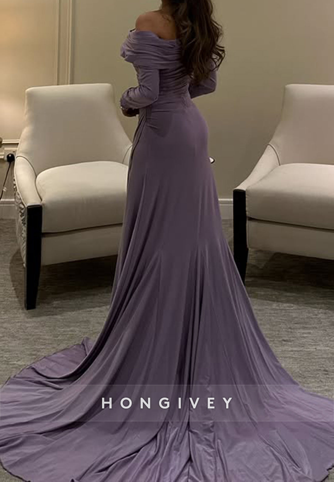 Column Chapel Train One Shoulder Long Sleeve Pleated Slit Evening Gown