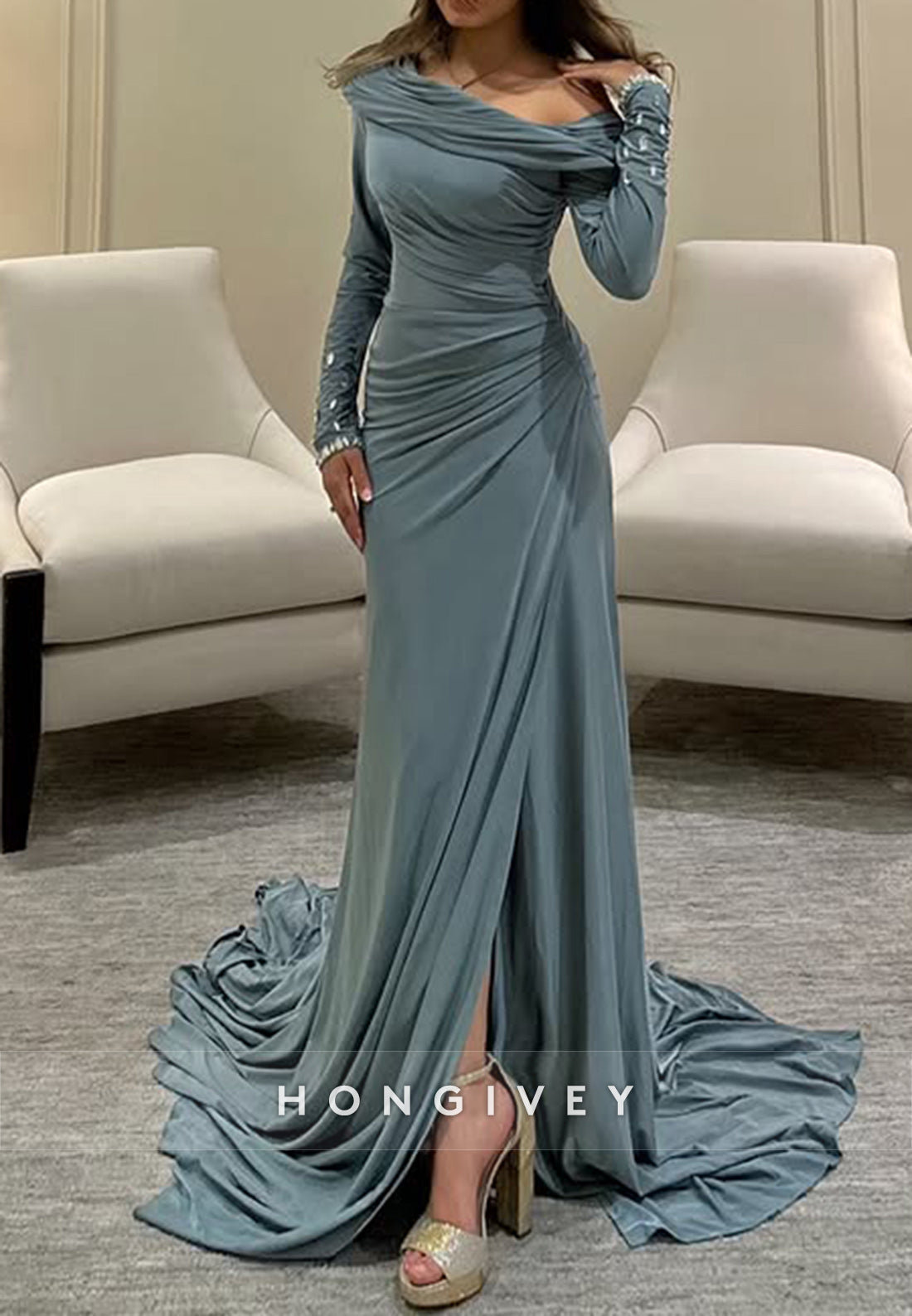 Column Chapel Train One Shoulder Long Sleeve Pleated Slit Evening Gown