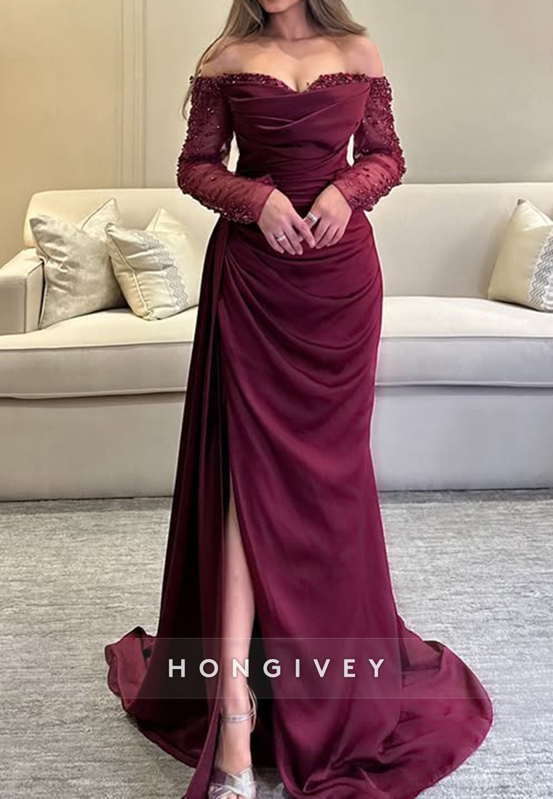 Long Sleeve Off the Shoulder Sweetheart Chapel Train Pleated Side Slit Evening Gown