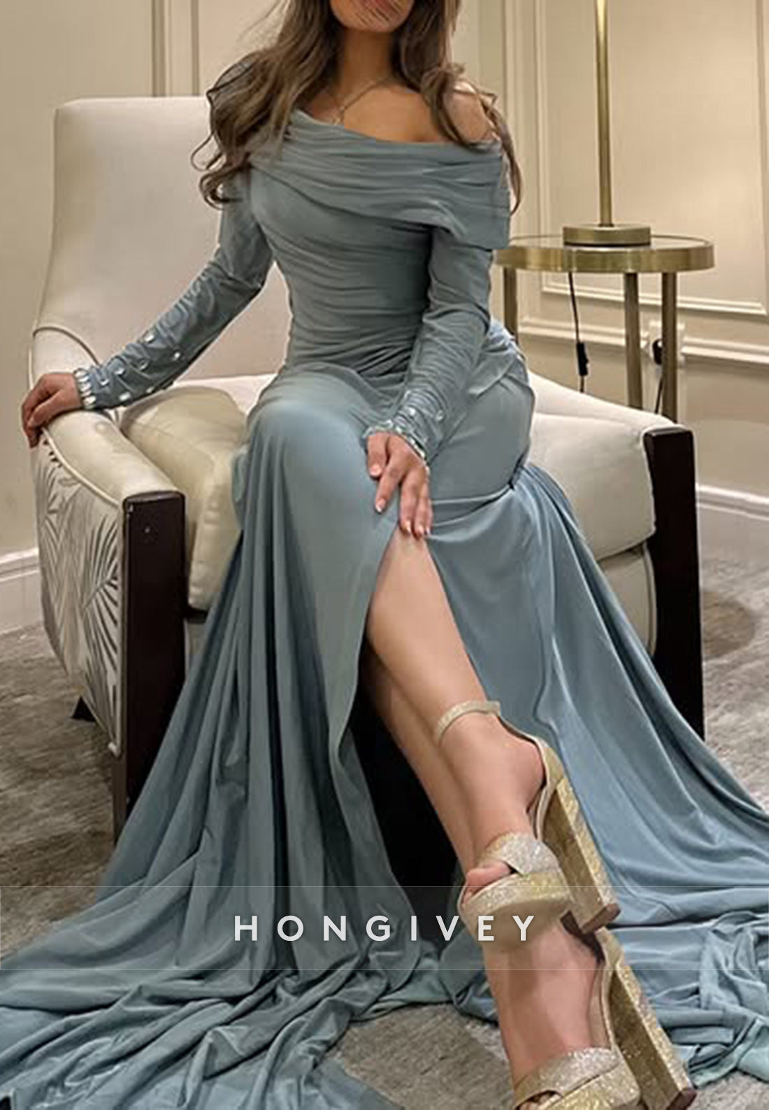 Column Chapel Train One Shoulder Long Sleeve Pleated Slit Evening Gown