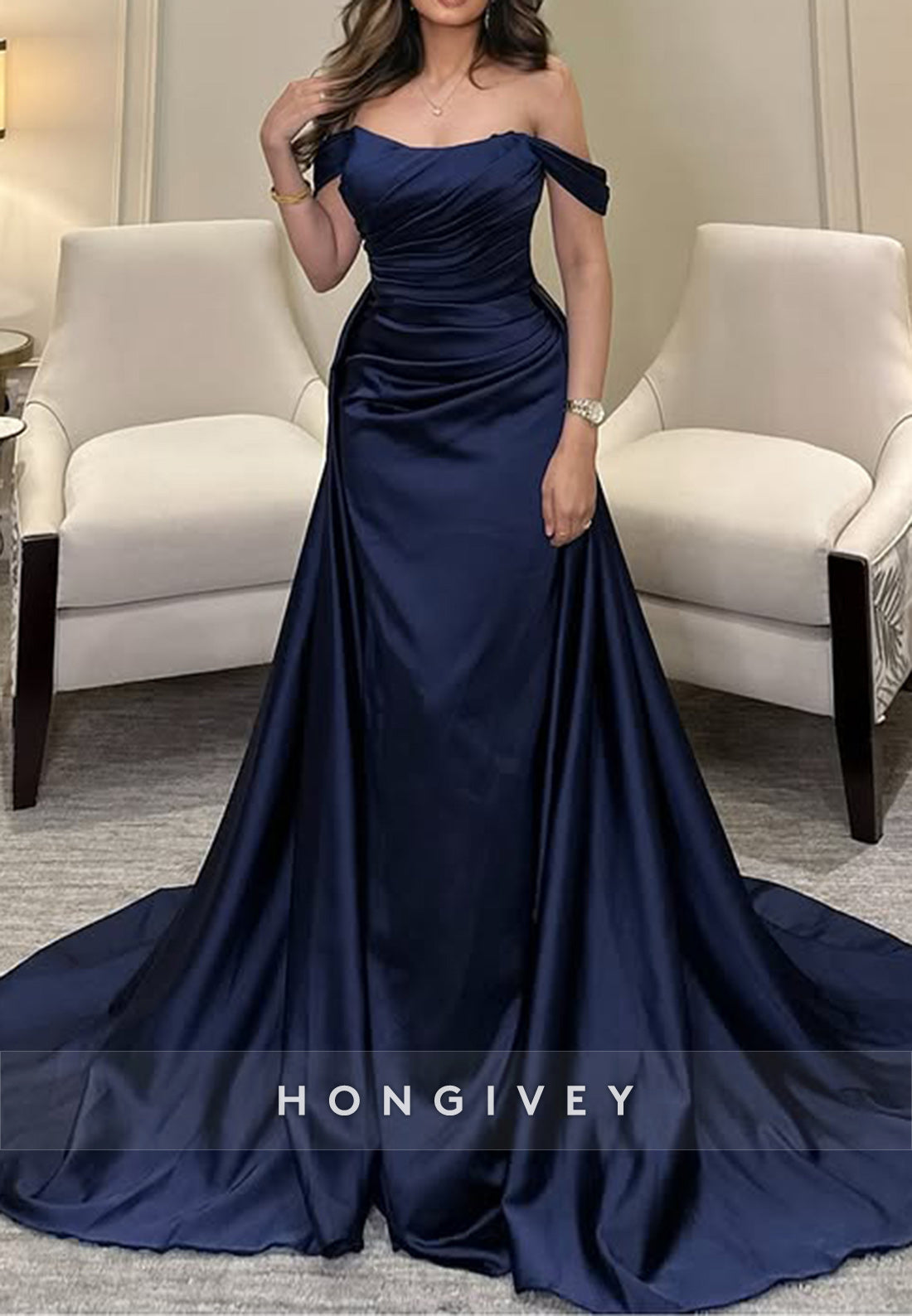 Column Off the Shoulder Chapel Train Satin Pleated Watteau Train Evening Gown