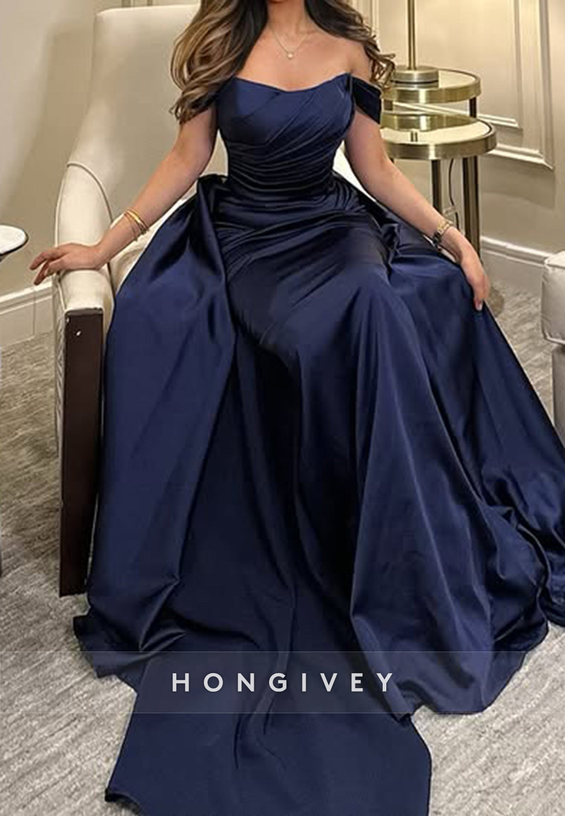 Column Off the Shoulder Chapel Train Satin Pleated Watteau Train Evening Gown