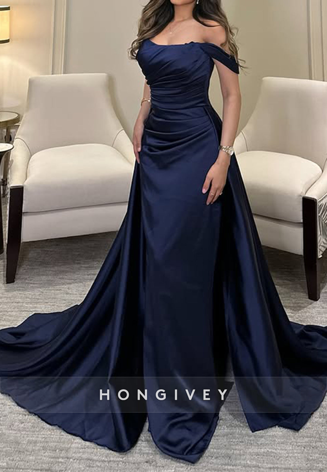 Column Off the Shoulder Chapel Train Satin Pleated Watteau Train Evening Gown