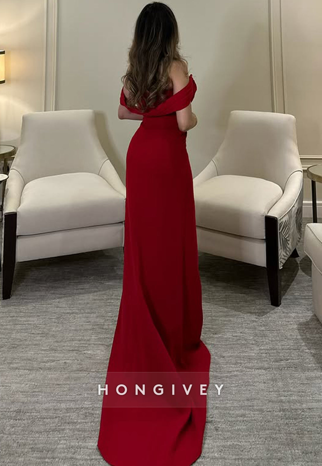 Court Train Sheath Satin Off the Shoulder Pleated Evening Gown