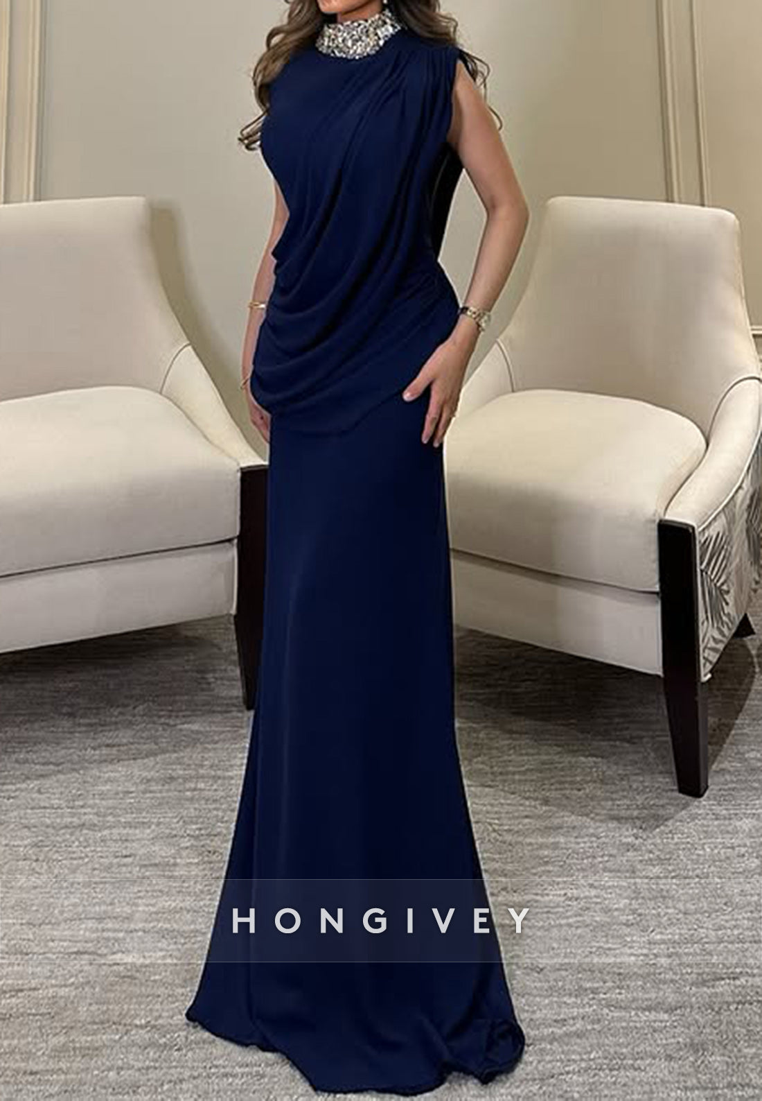 Elegant Pleated Sleeveless Satin Floor-Length Sheath Evening Gown