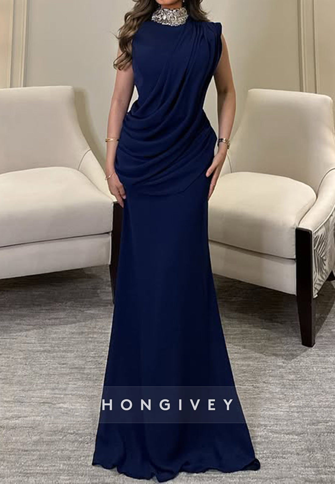 Elegant Pleated Sleeveless Satin Floor-Length Sheath Evening Gown