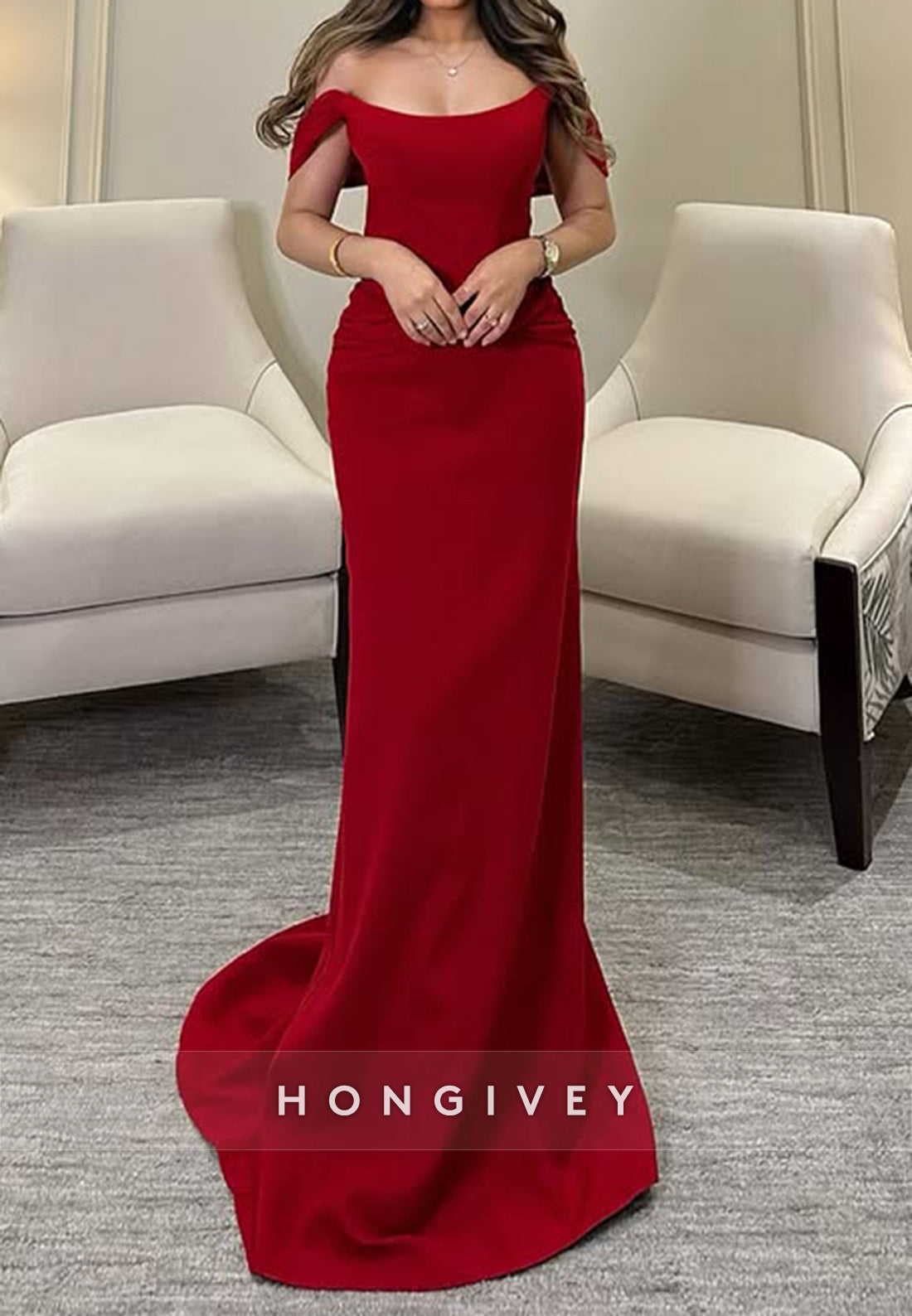 Court Train Sheath Satin Off the Shoulder Pleated Evening Gown