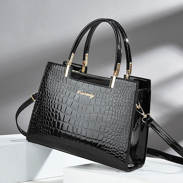 Black Crocodile Pattern Elegant Handbag Leather