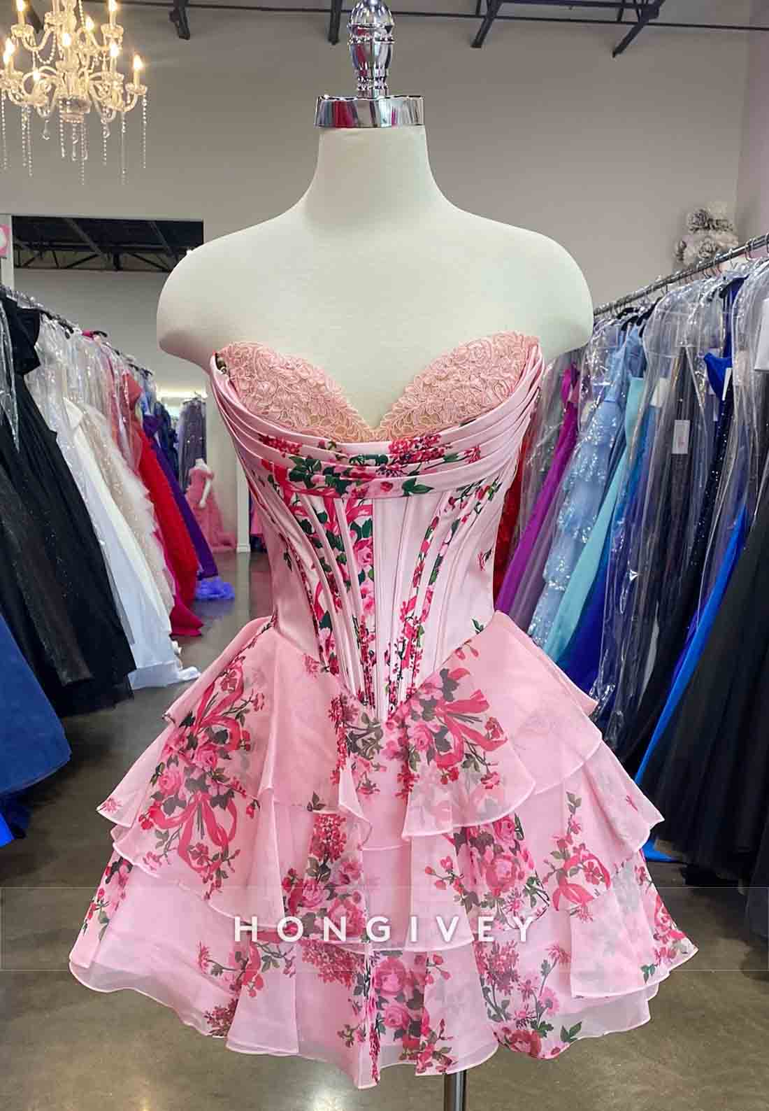 Strapless Floral Print Ruffles Sleeveless Pleated A-Line Short Homecoming dresses