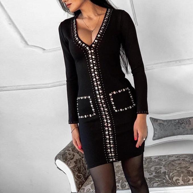 Rhinestone Center Panel Deep V-Neck Long Sleeve Bodycon Mini Dress