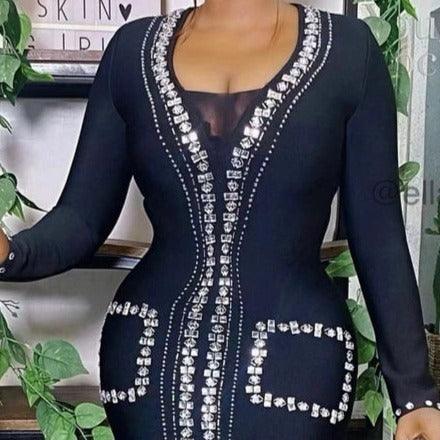 Rhinestone Center Panel Deep V-Neck Long Sleeve Bodycon Mini Dress - View 2