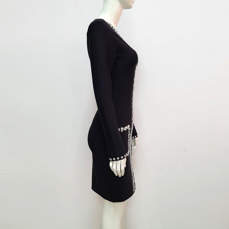 Rhinestone Center Panel Deep V-Neck Long Sleeve Bodycon Mini Dress - View 4