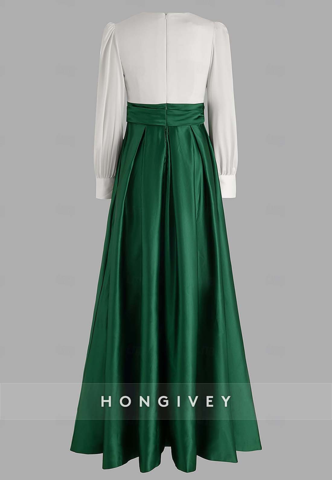 A-line High Slit Evening Gown Floor-Length V Neck Long Sleeve Pleated Mother of the Bride