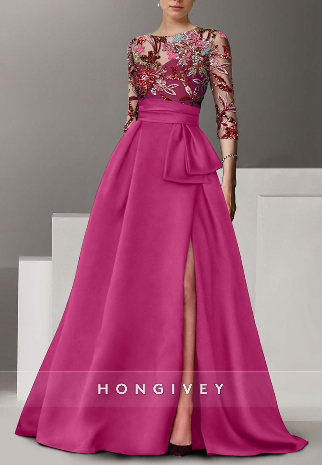 A-line Floor-Length High Slit Illusion Neck Evening Gown Beading 3/4 Sleeve Pleated Formal Dresses