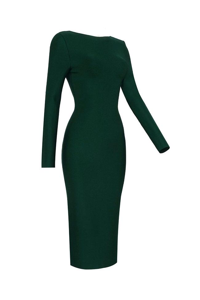 Zip Back Deep V Long Sleeve Cocktail Party Midi Dress - Emerald Green Fashionpara