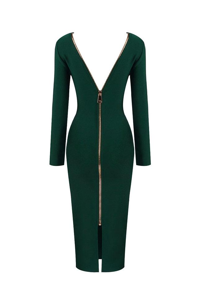 Zip Back Deep V Long Sleeve Cocktail Party Midi Dress - Emerald Green Fashionpara