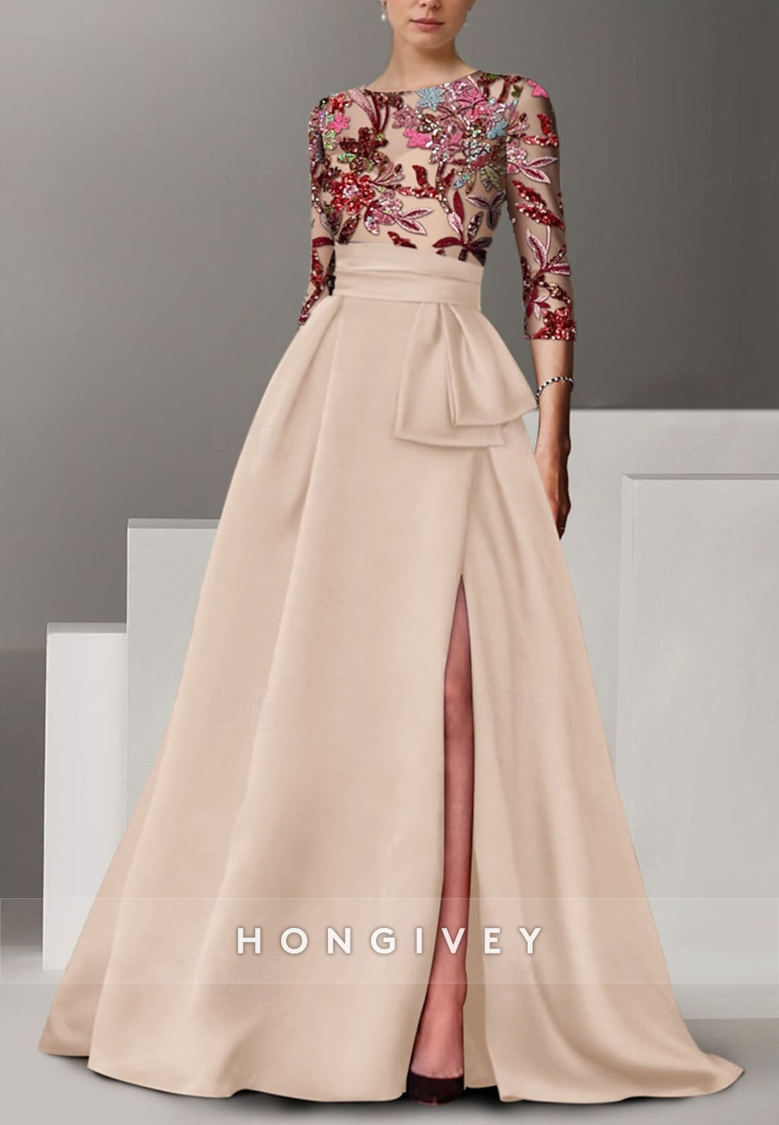 A-line Floor-Length High Slit Illusion Neck Evening Gown Beading 3/4 Sleeve Pleated Formal Dresses