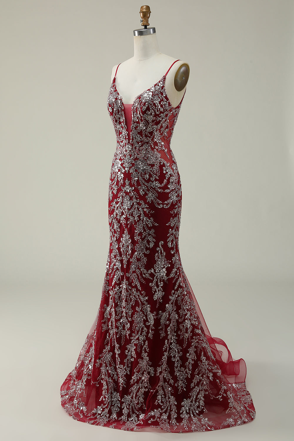 Mermaid Spaghetti Straps Burgundy Long Prom Dress with Bronzing - Fashionpara