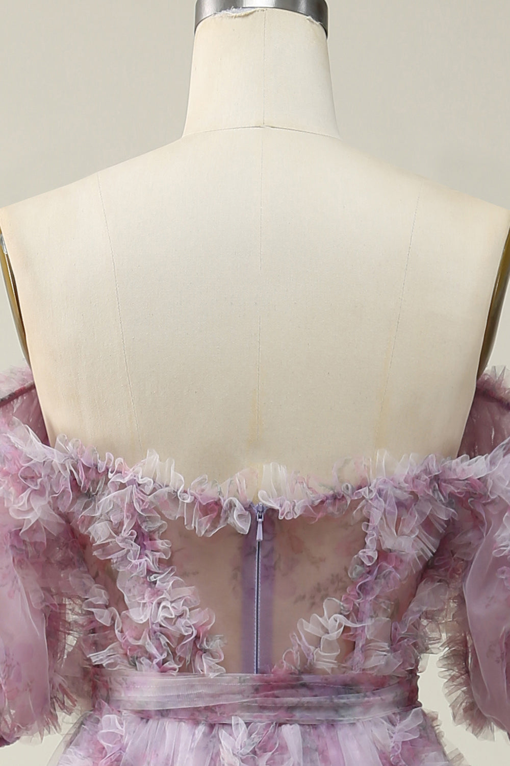 A Line Off the Shoulder Purple Long Prom Dress with Printing