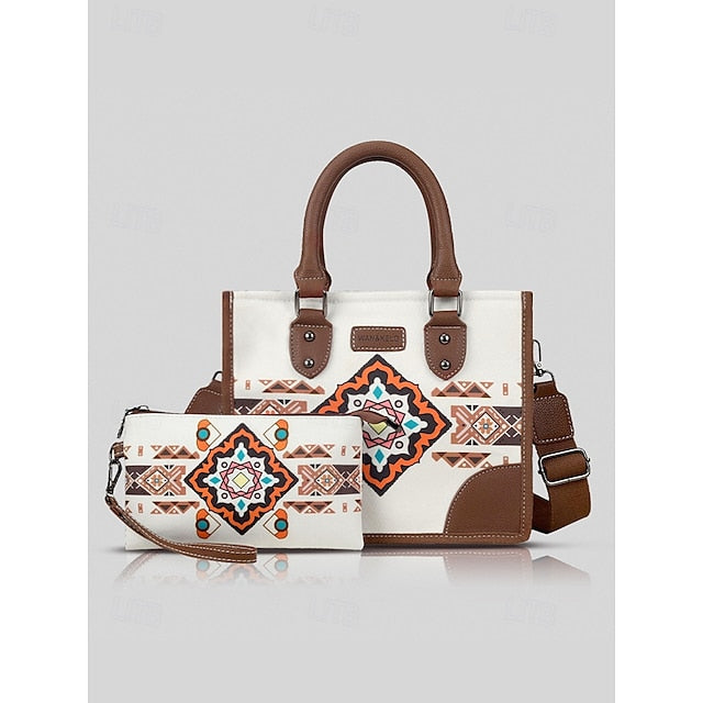 Ethnic Set Faux Handbag and with Leather Canvas