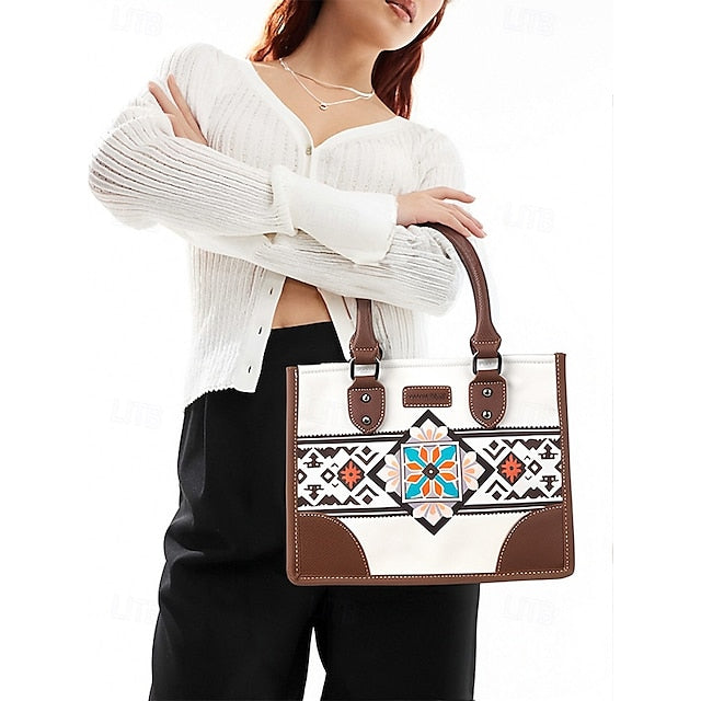 Ethnic Set Faux Handbag and with Leather Canvas