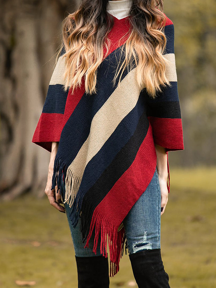 Knitted Striped Tassel Poncho 7