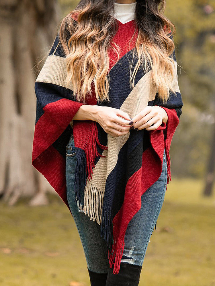Knitted Striped Tassel Poncho 8