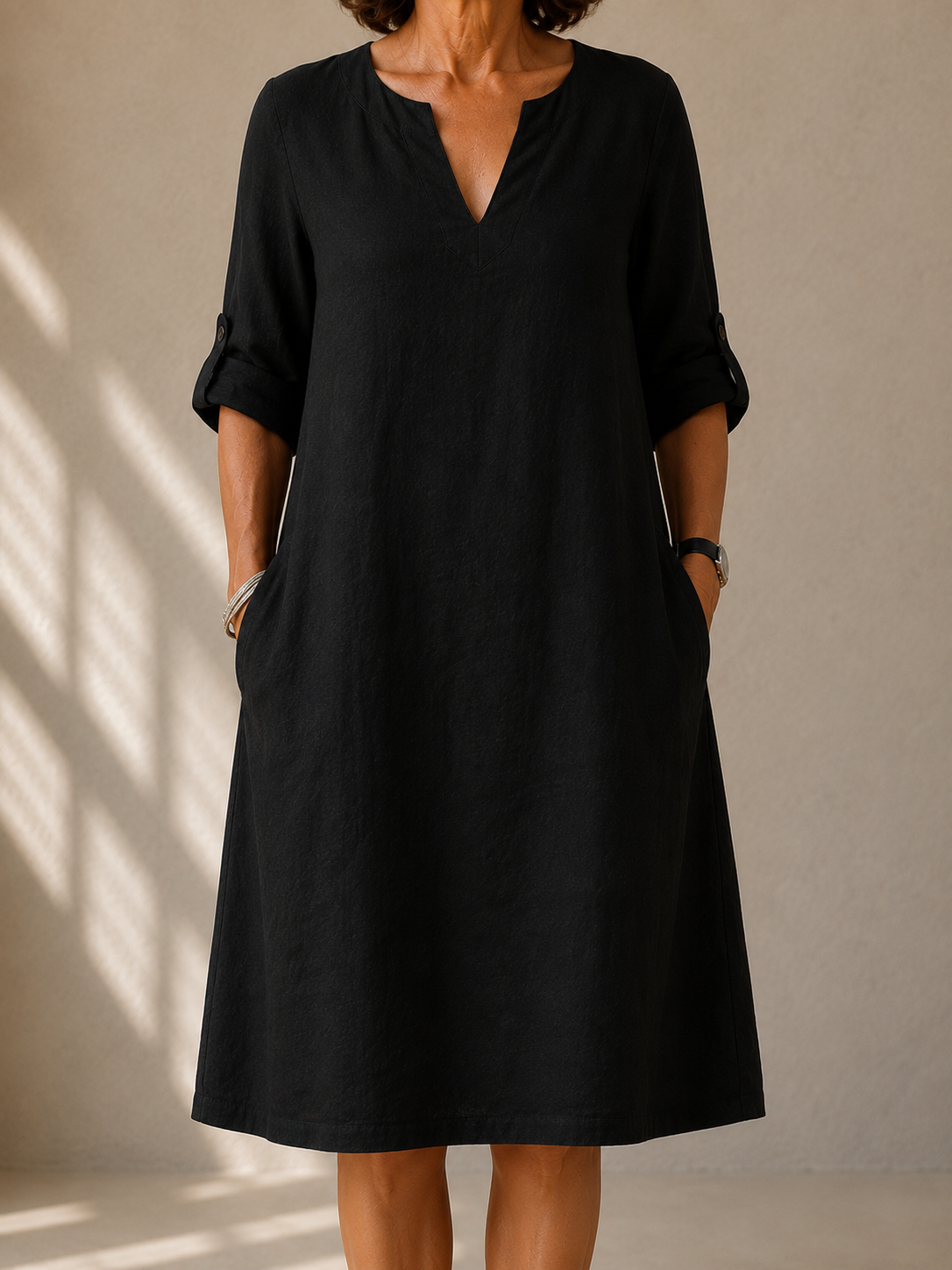 Notch Neck Roll Sleeve Pocket Shift Midi Dress
