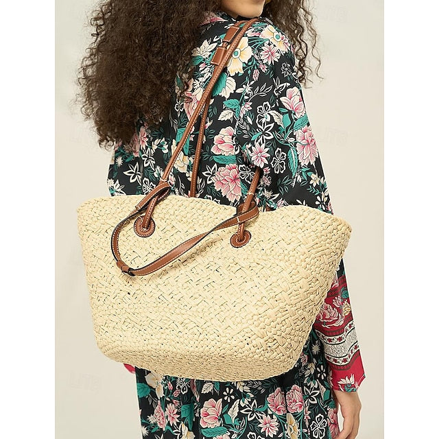 Chic Large Bag Straw Tote with Straps Leather Boho