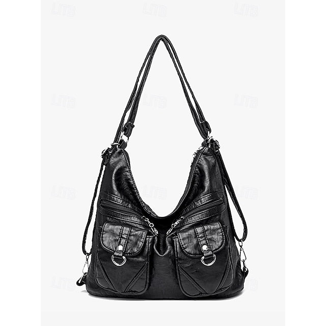 Brown Leather Bag Multiple Faux Pockets with Hobo