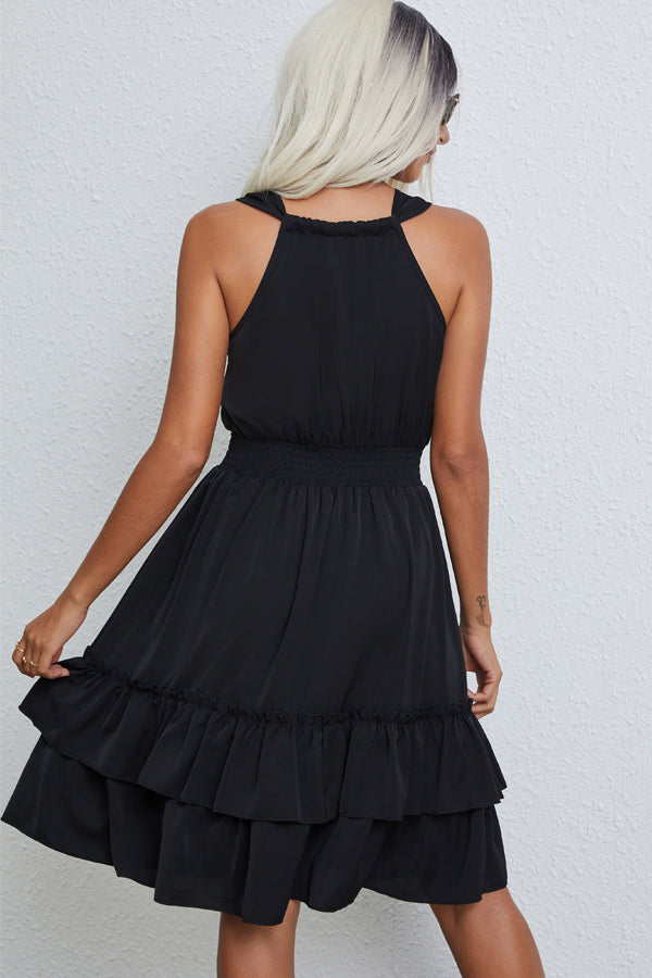 Smocked Waist Solid Sleeveless Casual Mini Dress - Fashionpara