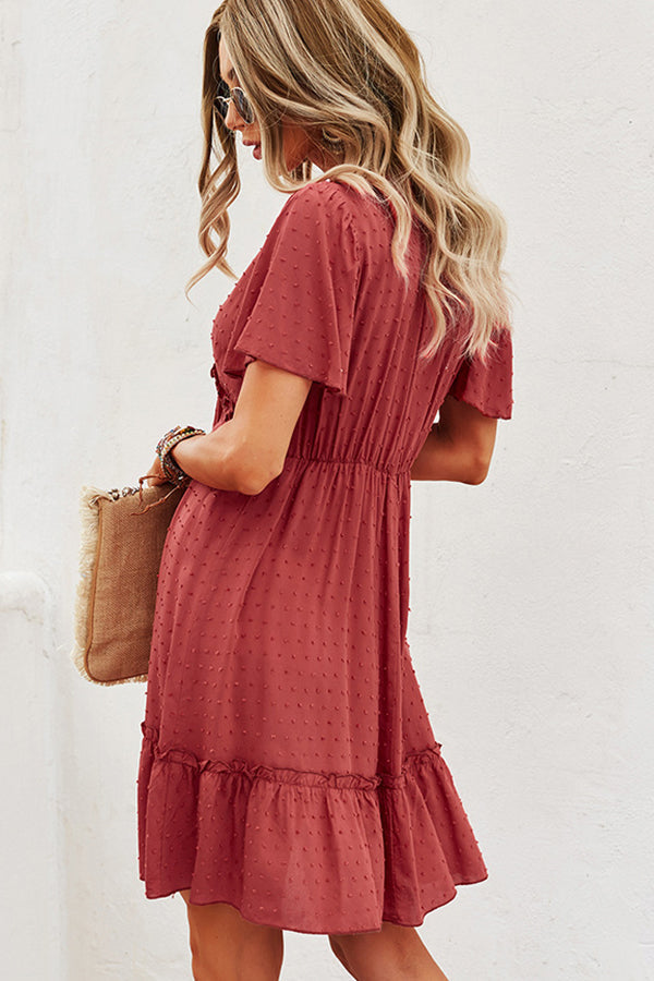 Solid Color V Neck High Waist Casual Dress - Fashionpara