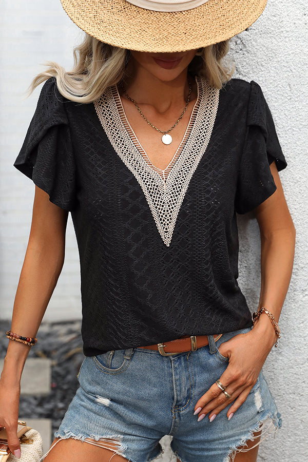 Solid V Neck Patchwork Short Sleeve Tops - Fashionpara