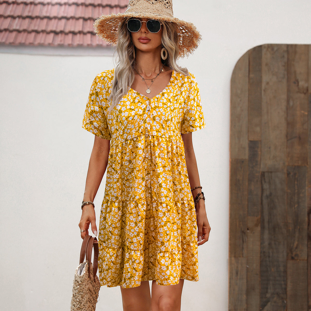 Floral Print V Neck Short Sleeve Casual Dress - Fashionpara
