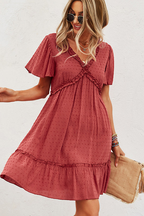 Solid Color V Neck High Waist Casual Dress - Fashionpara